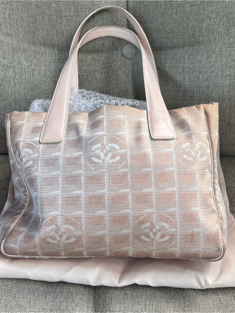 Elegant Chanel Mettalic Blush Pink Tote with Subtle Monogram Design